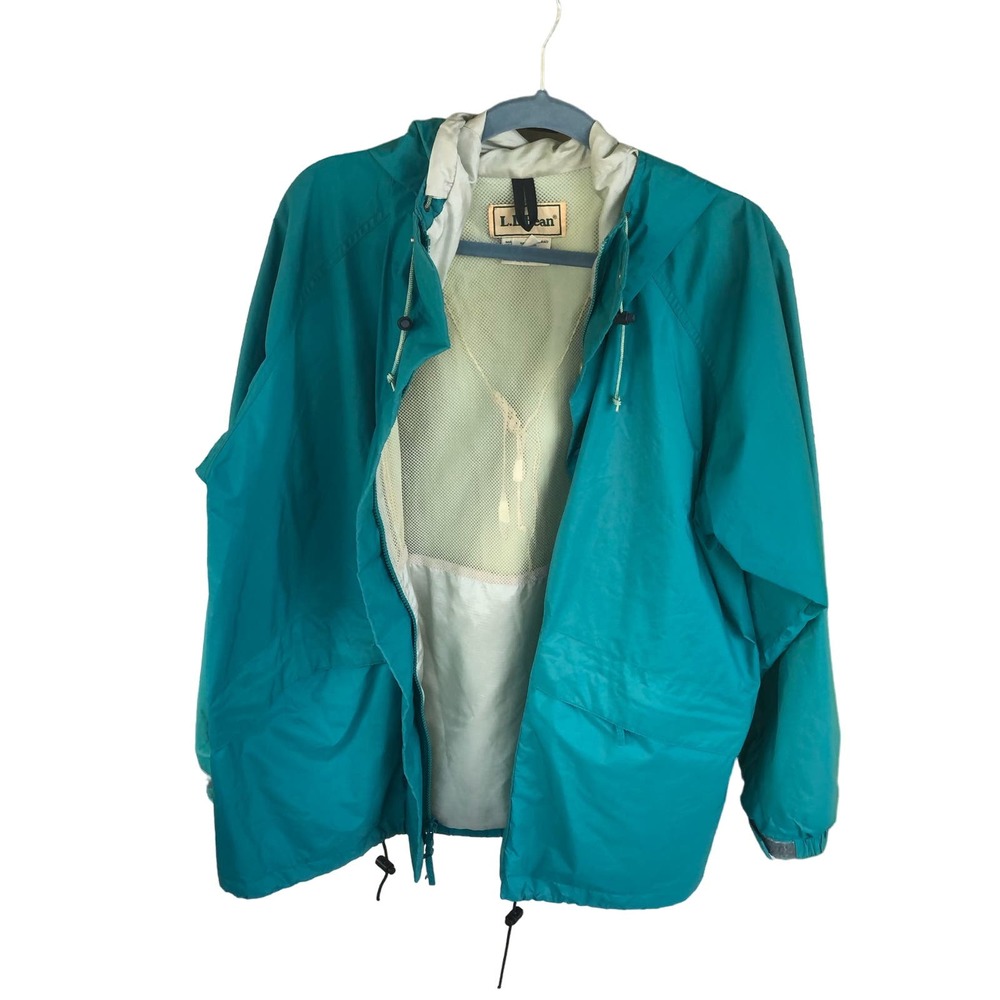 Vintage LL Bean Mens Large Rain Jacket Gore-Tex Full Zip Hooded Coat Teal BELOW